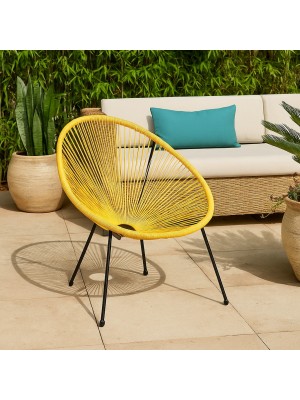 Vista ambientata Sedia relax colore Giallo con seduta in corde intrecciate e struttura in metallo modello Pavone Totò Piccinni