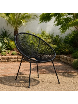 Vista ambientata Sedia relax colore Nero con seduta in corde intrecciate e struttura in metallo modello Pavone Totò Piccinni