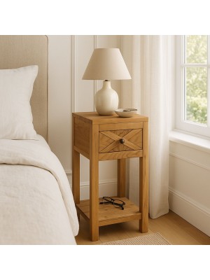 Vista ambientata Comodino da camera da letto in legno di Teak 1 cassetto e 1 ripiano modello Steppa Totò Piccinni