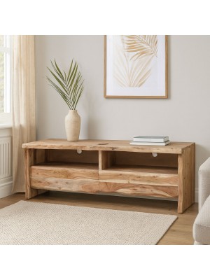 Vista ambientata Mobile Porta tv in legno D'Acacia con 2 cassetti modello Savana Totò Piccinni
