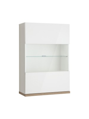 Vista diagonale Pensile sospeso in legno colore "Bianco Laccato/Rovere Miele" con 1 anta in vetro modello Orbis Totò Piccinni