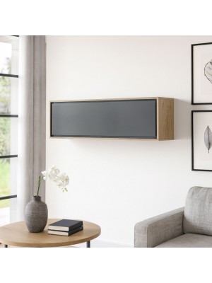 Vista ambientata Pensile moderno in legno colore "Grigio Titanio/Rovere Miele" con 1 ribalta modello Lumen Totò Piccinni