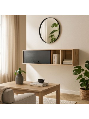 Vista ambientata Pensile sospeso in legno colore "Nero Chalet/Rovere Miele" 1 ribalta e 1 vano modello Kroma Totò Piccinni