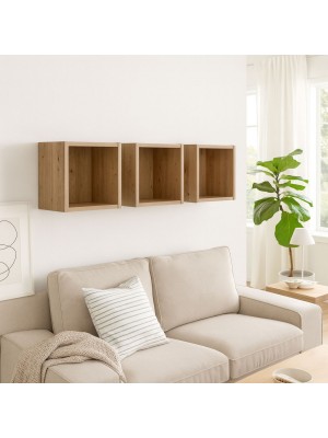Vista ambientata Pensile da salotto in legno colore Rovere Miele 3 cubi modello Kroma Totò Piccinni