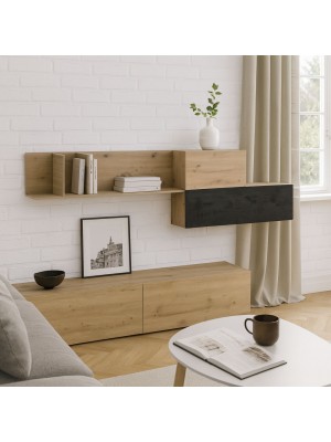 Vista ambientata Pensile in legno colore "Rovere Miele/Nero Chalet" con 3 vani e 3 ribalte modello Kroma Totò Piccinni