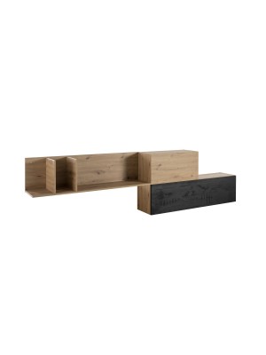 Vista diagonale Pensile in legno colore "Rovere Miele/Nero Chalet" con 3 vani e 3 ribalte modello Kroma Totò Piccinni