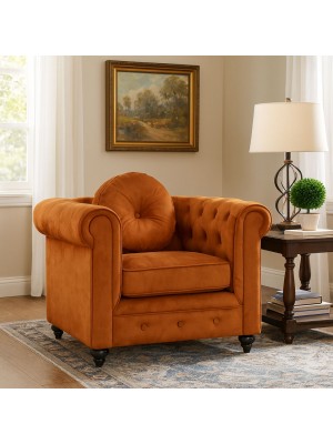 Vista ambientata Poltrona vintage trapuntata colore "Effetto Nab. Terracotta" con piedini in legno modello Chester Totò Piccinni