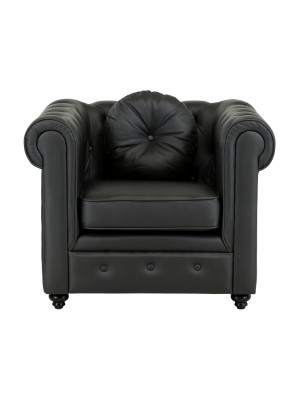 Vista frontale Poltrona vintage trapuntata colore "Ecopelle Nero" con piedini in legno modello Chester Totò Piccinni