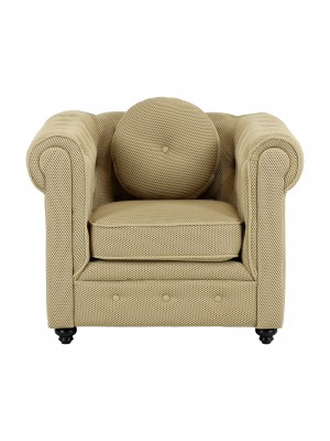 Vista frontale Poltrona vintage trapuntata colore "3D Beige" con piedini in legno modello Chester Totò Piccinni