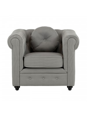 Vista frontale Poltrona vintage trapuntata colore "3D Grigio" con piedini in legno modello Chester Totò Piccinni