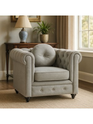 Vista ambientata Poltrona vintage trapuntata colore "3D Grigio" con piedini in legno modello Chester Totò Piccinni