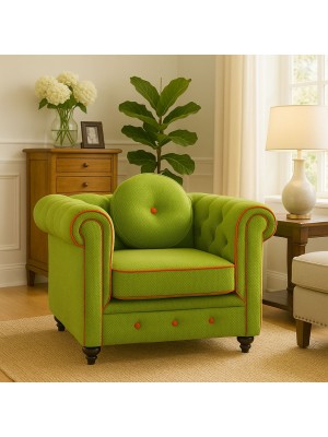 Vista ambientata Poltrona vintage trapuntata colore "3D Verde" con piedini in legno modello Chester Totò Piccinni
