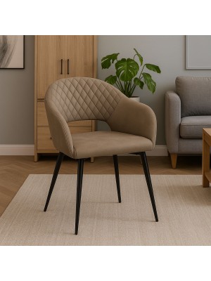 Vista ambientata Poltroncina in Similpelle imbottita colore Tortora con gambe in metallo modello Dalia Totò Piccinni