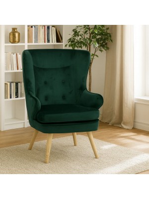 Vista ambientata Poltroncina in Velluto colore Verde classico con schienale alto modello Susan Totò Piccinni