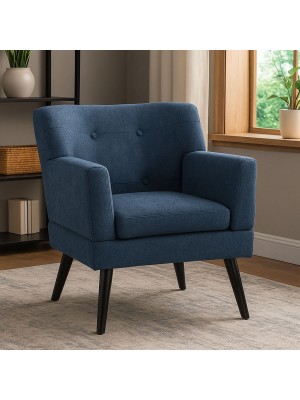 Vista ambientata Poltrona in tessuto colore Blu con braccioli e piedi in legno modello Ketty Totò Piccinni