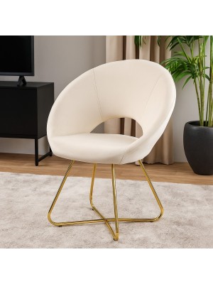 Vista ambientata Poltrona in Velluto colore Beige design moderno con piedini in metallo modello Saturno Totò Piccinni