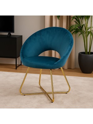 Vista ambientata Poltrona in Velluto colore Blu Ottanio design moderno con piedini in metallo modello Saturno Totò Piccinni