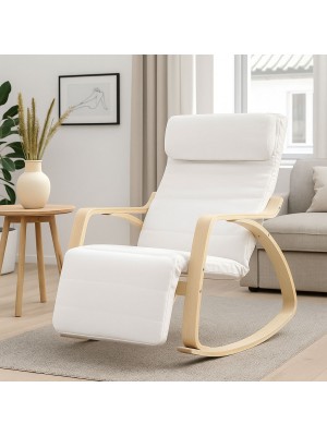 Vista ambientata Poltroncina a dondolo in tessuto imbottita colore Beige con struttura in legno modello Liberty Totò Piccinni