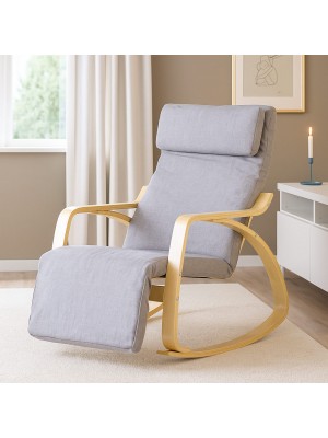 Vista ambientata Poltroncina a dondolo in tessuto imbottita colore Grigio Chiaro con struttura in legno modello Liberty Totò Piccinni