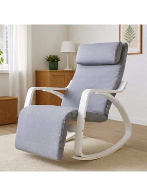 Vista ambientata Poltroncina a dondolo in tessuto imbottita colore "Bianco/Grigio Chiaro" con struttura in legno modello Liberty Totò Piccinni