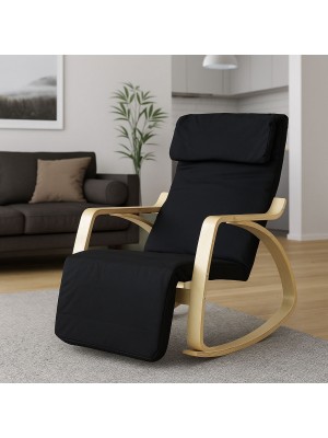 Vista ambientata Poltroncina a dondolo in tessuto imbottita colore Nero con struttura in legno modello Liberty Totò Piccinni