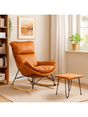 Vista ambientata Set poltrona a dondolo con pouf in tessuto imbottito colore Arancione modello Conca Totò Piccinni