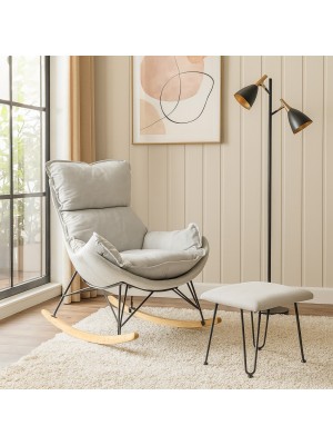 Vista ambientata Set poltrona a dondolo con pouf in tessuto imbottito colore Bianco Ghiaccio modello Conca Totò Piccinni