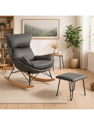 Vista ambientata Set poltrona a dondolo con pouf in tessuto imbottito colore Cemento modello Conca Totò Piccinni