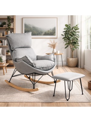 Vista ambientata Set poltrona a dondolo con pouf in tessuto imbottito colore Cenere modello Conca Totò Piccinni