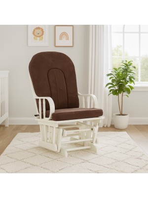 Vista ambientata Poltrona a dondolo con struttura il legno, Struttura Bianca colore Marrone con cuscini modello Galles Totò Piccinni