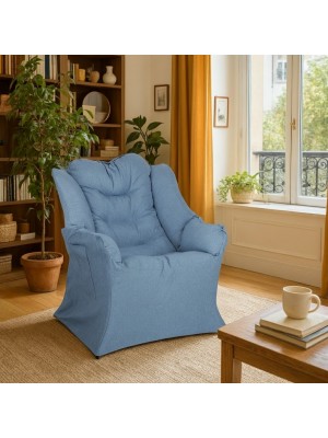 Vista ambientata Poltrona con braccioli imbottita colore Jeans con struttura in metallo modello Pennica Totò Piccinni