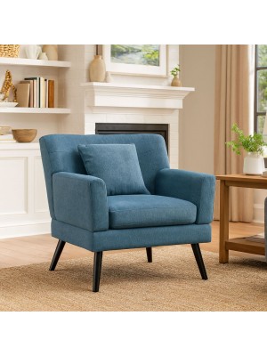 Vista ambientata Poltrona in tessuto colore Blu New con braccioli e piedi in legno modello Ketty Totò Piccinni