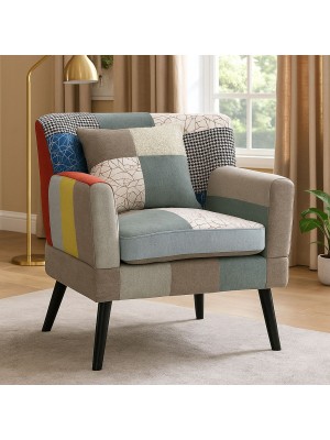 Vista ambientata Poltrona in tessuto colore Patchwork Party con braccioli e piedi in legno modello Ketty Totò Piccinni