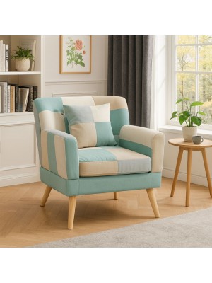 Vista ambientata Poltrona in tessuto colore Patchwork Sky con braccioli e piedi in legno modello Ketty Totò Piccinni