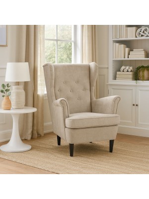 Vista ambientata Poltrona Beige su sfondo bianco vista obliqua modello Lilibet Totò Piccinni - Design tipo Ikea Strandmon