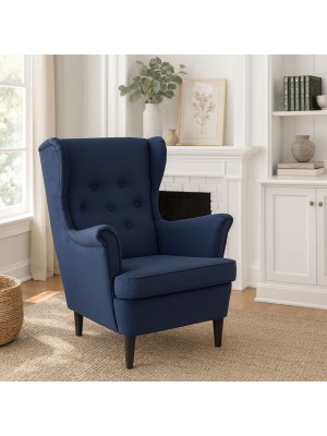Vista ambientata Poltrona Blu su sfondo bianco vista obliqua modello Lilibet Totò Piccinni - Design tipo Ikea Strandmon