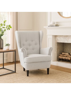 Vista ambientata Poltrona grigio chiaro su sfondo bianco vista obliqua modello Lilibet Totò Piccinni - Design tipo Ikea Strandmon