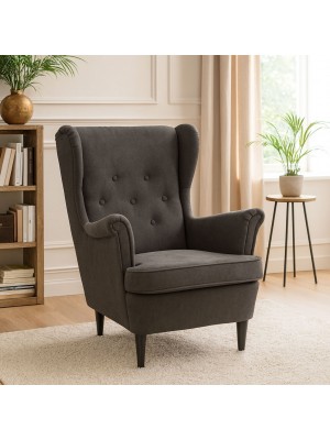 Vista ambientata Poltrona Marrone Scuro su sfondo bianco vista obliqua modello Lilibet Totò Piccinni - Design tipo Ikea Strandmon