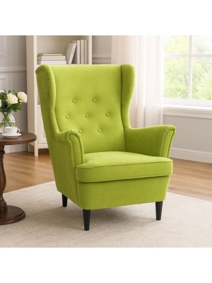Vista ambientata Poltrona Verde Chiaro su sfondo bianco vista obliqua modello Lilibet Totò Piccinni - Design tipo Ikea Strandmon