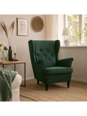 Vista ambientata Poltrona Verde Scuro su sfondo bianco vista obliqua modello Lilibet Totò Piccinni - Design tipo Ikea Strandmon