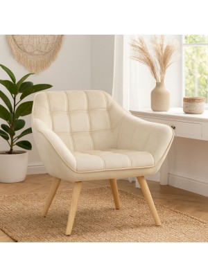 Vista ambientata Poltroncina in Velluto imbottito colore Beige con piedini in Legno modello Dama Totò Piccinni