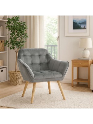 Vista ambientata Poltroncina in Velluto imbottito colore Grigio con piedini in Legno modello Dama Totò Piccinni