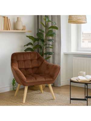 Vista ambientata Poltroncina in Velluto imbottito colore Marrone con piedini in Legno modello Dama Totò Piccinni