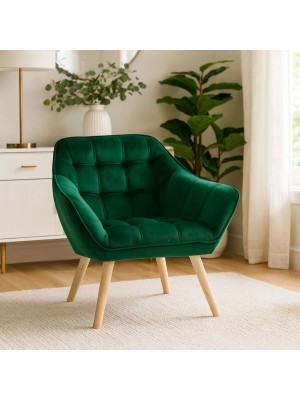 Vista ambientata Poltroncina in Velluto imbottito colore Verde con piedini in Legno modello Dama Totò Piccinni