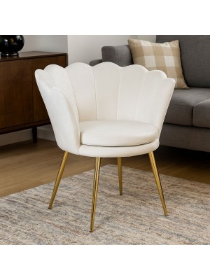 Vista ambientata Poltroncina in Velluto colore Beige con schienale a conchiglia e gambe in oro modello Velvet Totò Piccinni