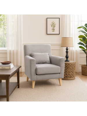 Vista ambientata Poltrona design moderno imbottita in Tessuto colore Grigio Chiaro con piedi in legno modello Enea Totò Piccinni