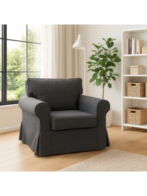 Vista ambientata Poltrona imbottita in tessuto colore Grigio Scuro con braccioli design vintage modello Country Totò Piccinni