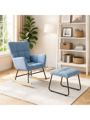 Vista ambientata Set poltroncina a dondolo in Tessuto colore Blu Jeans con sgabello modello Golfo Totò Piccinni