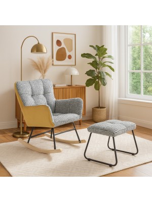 Vista ambientata Set poltroncina a dondolo in Velluto colore Giallo Pixel con sgabello modello Golfo Totò Piccinni