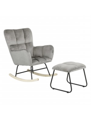 SET GOLFO Poltrona Poltroncina a dondolo con sgabello imbottito (Velluto Grigio)